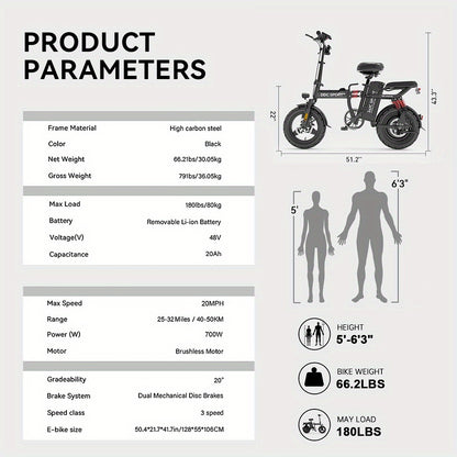 Discover Without Limits: 700W Collapsible Electric Bicycle for Grown-Ups. Reach Speeds of 20MPH And Travel Up to 35 Miles on a 48V Battery. Conquer 25° Inclines, Support Up to 385 Pounds, And Enjoy a Comfortable Ride with Ef