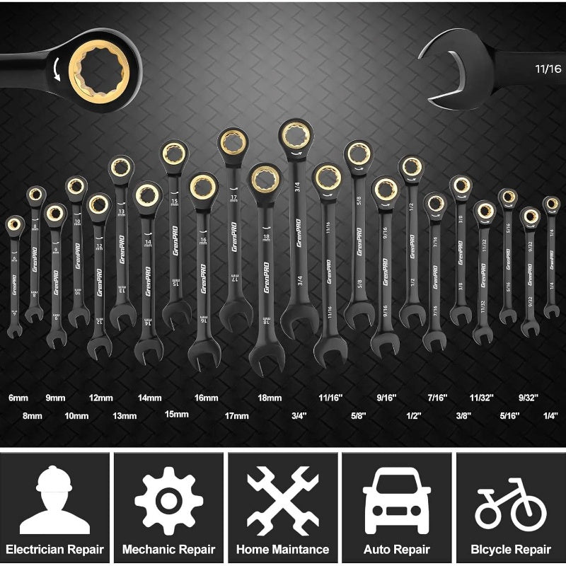 23pcs SAE Metric & Standard Ratcheting Wrench Set with Organizer Box - 1/4" to 3/4" Drive, Electrophoretic Coating, Open End Wrenches for Mechanics, Automotive Repair Tools, Mechanic Tool Set|Ratcheting Wrenches|Durable Const