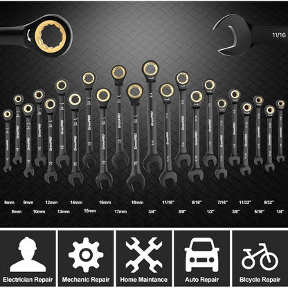 23pcs SAE Metric & Standard Ratcheting Wrench Set with Organizer Box - 1/4" to 3/4" Drive, Electrophoretic Coating, Open End Wrenches for Mechanics, Automotive Repair Tools, Mechanic Tool Set|Ratcheting Wrenches|Durable Const