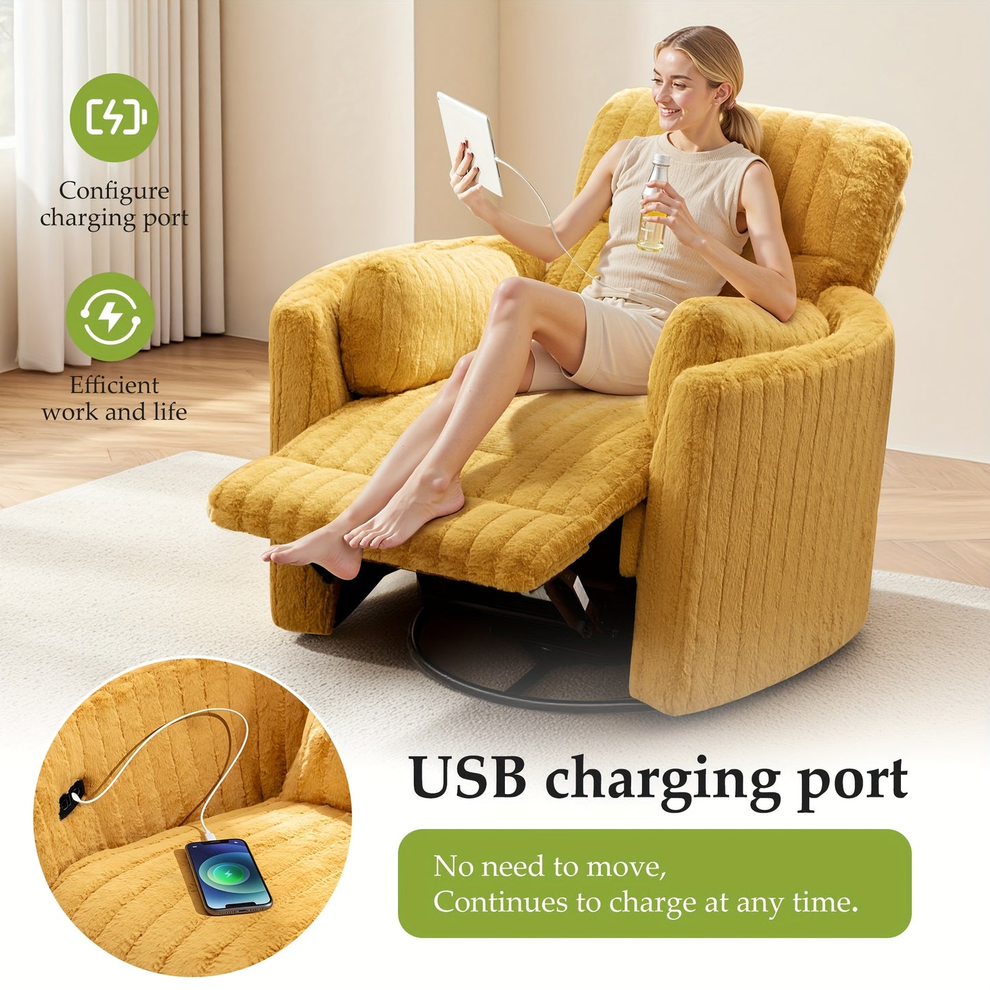 KERDOM 3-in-1 Electric Rocker Recliner Chair with 270° Swivel & Memory Foam, Heavy-Duty Rocking Recliner Sofa Bed with Global Voltage (110-240V), Plug-in Floor Design (No Wood Parts) - Beige/Yellow/Gray
