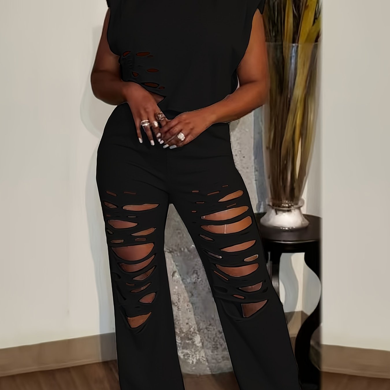 Distressed Burnt-Out Set - Women's Sleeveless Sweatshirt and Pants