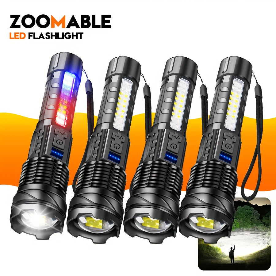 1/2/4pcs Multifunctional Flashlight High-Power LED Flashlight with COB Red/Blue Warning Side Light - Rechargeable Zoomable Long Distance Fishing Camping Light Many Mode