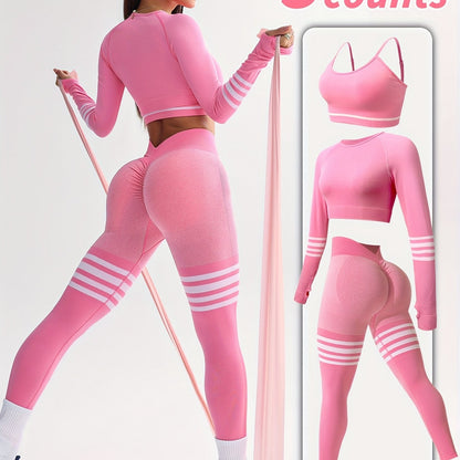 3pcs Women's Full Athletic Set - Seamless Striped Quick-Dry Sports Bra, Tight-Fitting Long Sleeve Gym Pants with Moai Panel Technology | High-Elasticity Moisture-Wicking Fabric for Running, Gymnastics, Training Outfit (All-Se