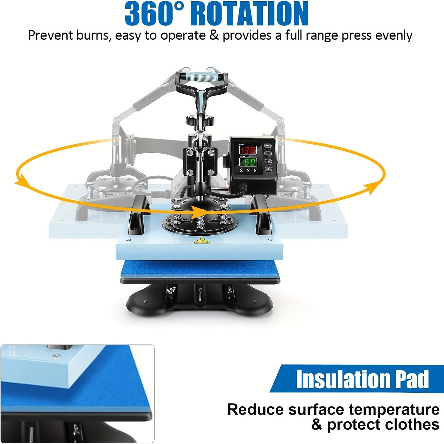 650W 12"x10" Heat Press with Dual Heating Tubes, 360° Rotation, Digital LCD Controller, Adjustable Pressure - Ideal for T-Shirts, Canvas Bags, Coasters, Pillowcases - Insulated Design for Safe Use