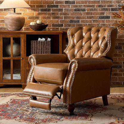 Genuine Leather Recliner Chair - Manual Push Back Recliner Sofa w/ Solid Hardwood Legs, Brown Luxury Living Room Armchair, Easy Assembly Non-Electric Recliner for Home Theater & Reading Nook - Durable Leather Upholstery, Soph