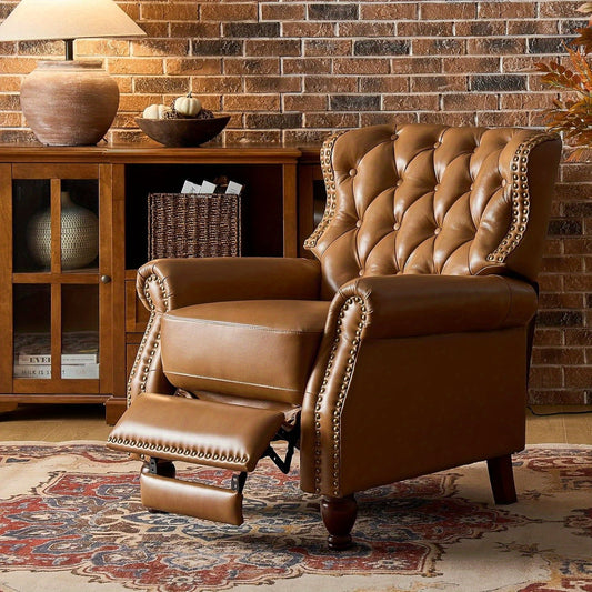 Genuine Leather Recliner Chair - Manual Push Back Recliner Sofa w/ Solid Hardwood Legs, Brown Luxury Living Room Armchair, Easy Assembly Non-Electric Recliner for Home Theater & Reading Nook - Durable Leather Upholstery, Soph