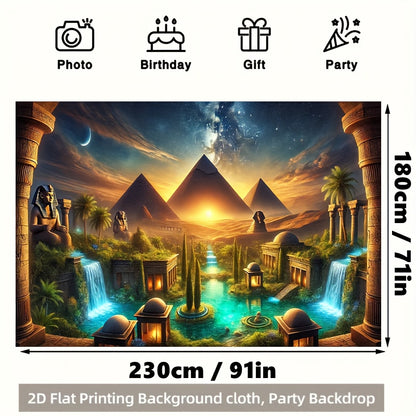 2D Flat, 1pc Egyptian Pyramid and Oasis Polyester 71x91 Inch Party Banner - No Power Needed, Easy to Hang Backdrop for Living Room, Bedroom, Office, Outdoor Durable Wall Decor, Garden Decoration, Home Decoration, Event Decora