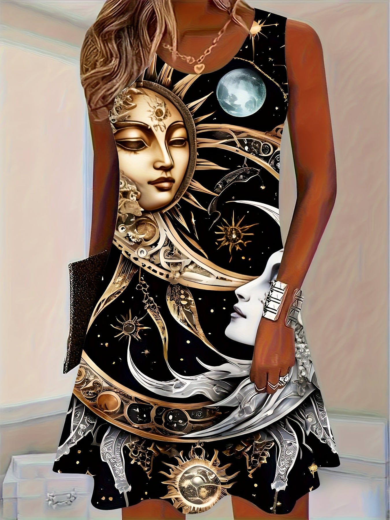 Women's Black & Golden Celestial Dresses - Sleeveless Party & Formal Outfits with Sun/Moon/Stars Print, Machine Washable Opaque Fabric Midi Dress for Everyday & Special Events, Dresses for Party, Versatile Fashion, Sophistica