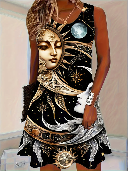 Women's Black & Golden Celestial Dresses - Sleeveless Party & Formal Outfits with Sun/Moon/Stars Print, Machine Washable Opaque Fabric Midi Dress for Everyday & Special Events, Dresses for Party, Versatile Fashion, Sophistica