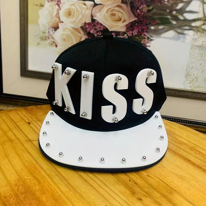 Punk Style Men'S Baseball Cap, 100% Polyester Lightweight Flat Brim Hat with Alphabet Pattern and Embellishments, Non-Stretch Fabric