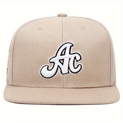 AC Embroidered Snapback Cap for Men & Women - Outdoor Sports Fashion Flat Brim Hat with Side Lettering, Hand Washable Acrylic Knit Fabric - Single Pack - For Sports Enthusiasts & Casual Wear - Perfect Gift for Outdoor Lovers
