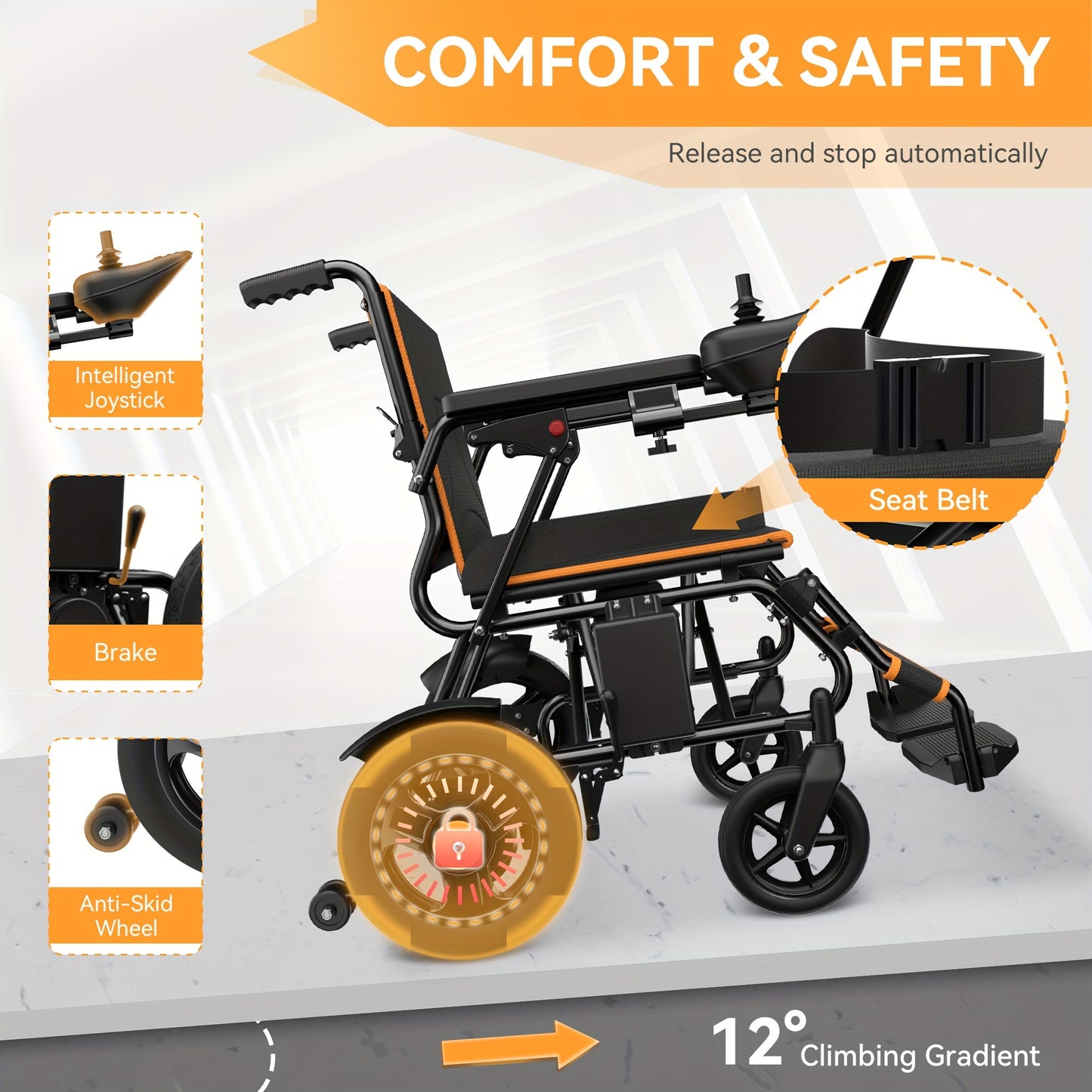KERDOM Smart Folding Electric Wheelchair (Adult/Senior Model) - The Perfect Gift for Parents! 15+ Miles Range, 12AH Battery, 360° Joystick, All-Terrain Mobility, One-Key Folding (Black/Orange Dual Color)
