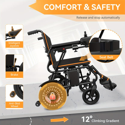 KERDOM Smart Folding Electric Wheelchair (Adult/Senior Model) - The Perfect Gift for Parents! 15+ Miles Range, 12AH Battery, 360° Joystick, All-Terrain Mobility, One-Key Folding (Black/Orange Dual Color)