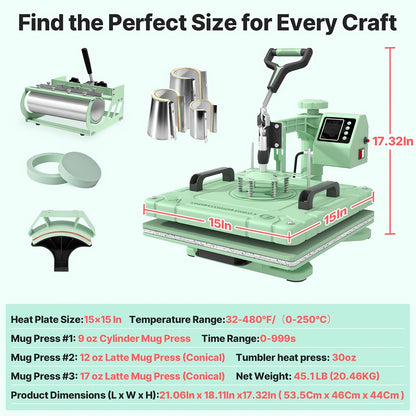 5/8 in 1 Heat Press Machine | 12x15/15x15 Inch Sublimation Heat Press, 360° Swing Away Digital T-Shirt Pressing, Includes 30OZ & 20OZ Tumbler Press, Multifunction Combo for Hat, Cap, Plate - SUTECK, Metal, 110V