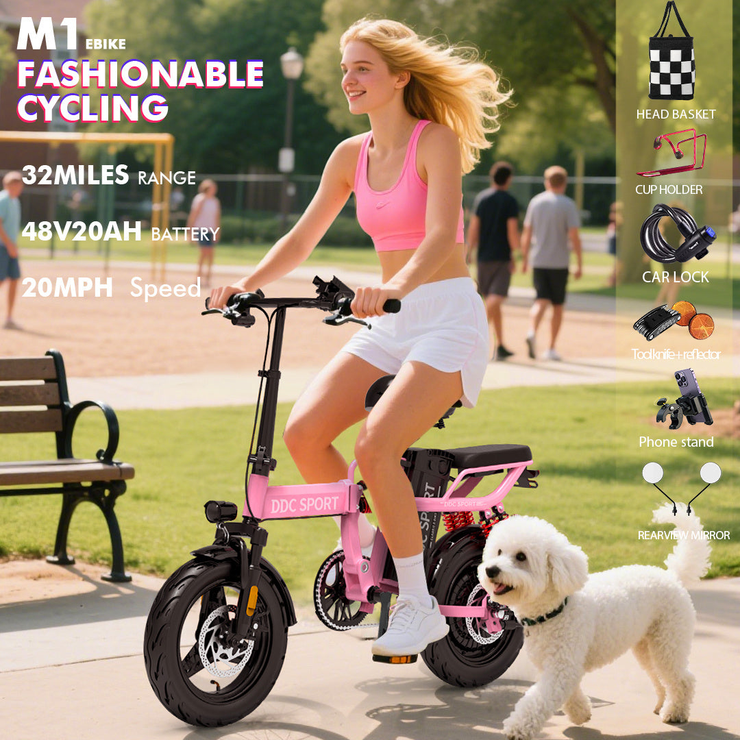 M1 Electric Bike For Adults,32 Miles Range,700W peak motor,20MPH Speed, 48V 20Ah Removable Battery, Dual Disc Brakes, Front And Rear Suspension & Commuter EBike, 14'' all-purpose tire, LCD Mileage Display
