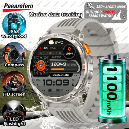 2025 Men's smart watch, 1.7-inch HD display, 1100mAh large-capacity battery, 90-day standby time, outdoor compass, wireless call, LED flashlight, 200+ dials, voice assistant, Men's watch, 120+ sports modes, fitness tracker wa