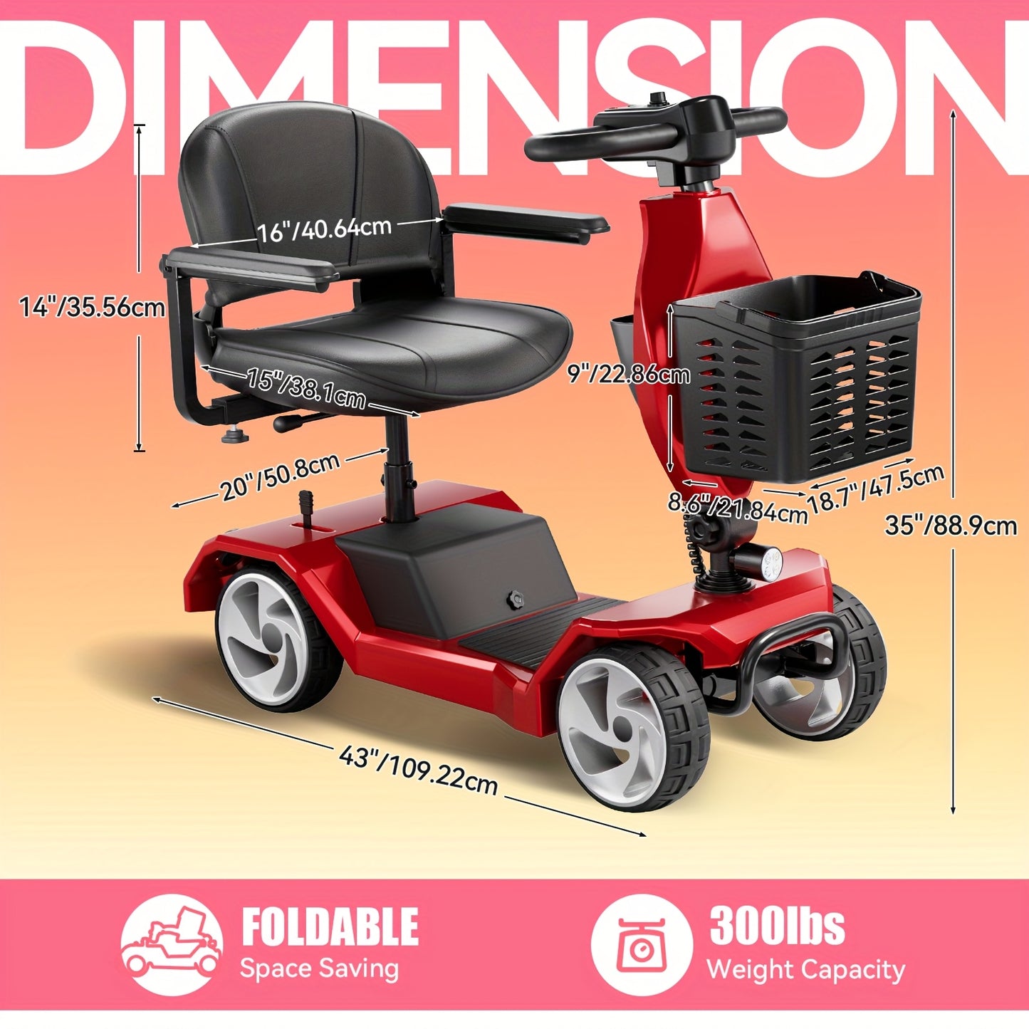HOMYKING Red Travel-Friendly HOMYKING Foldable 4-Wheel Electric Scooter, 250W Power + Dual Suspension, 15 Miles Range + Front Brake, Detachable Basket + Front Light, for Adults/Elders, 265lbs Capacity, Foldable Scooter, Mobil