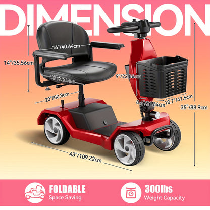 HOMYKING Red Travel-Friendly HOMYKING Foldable 4-Wheel Electric Scooter, 250W Power + Dual Suspension, 15 Miles Range + Front Brake, Detachable Basket + Front Light, for Adults/Elders, 265lbs Capacity, Foldable Scooter, Mobil