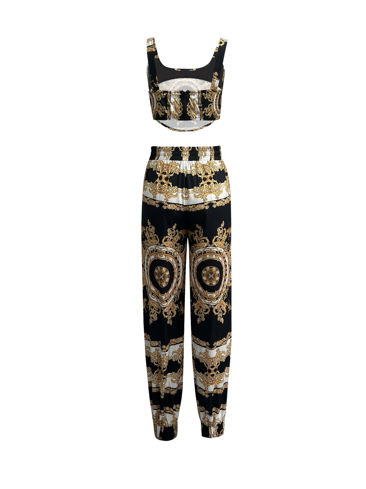 Women'S Stylish Black Paisley Print Tank Top And Drawstring Pants Set