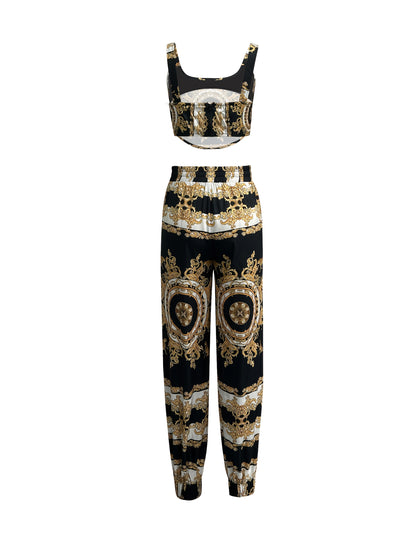 Women'S Stylish Black Paisley Print Tank Top And Drawstring Pants Set