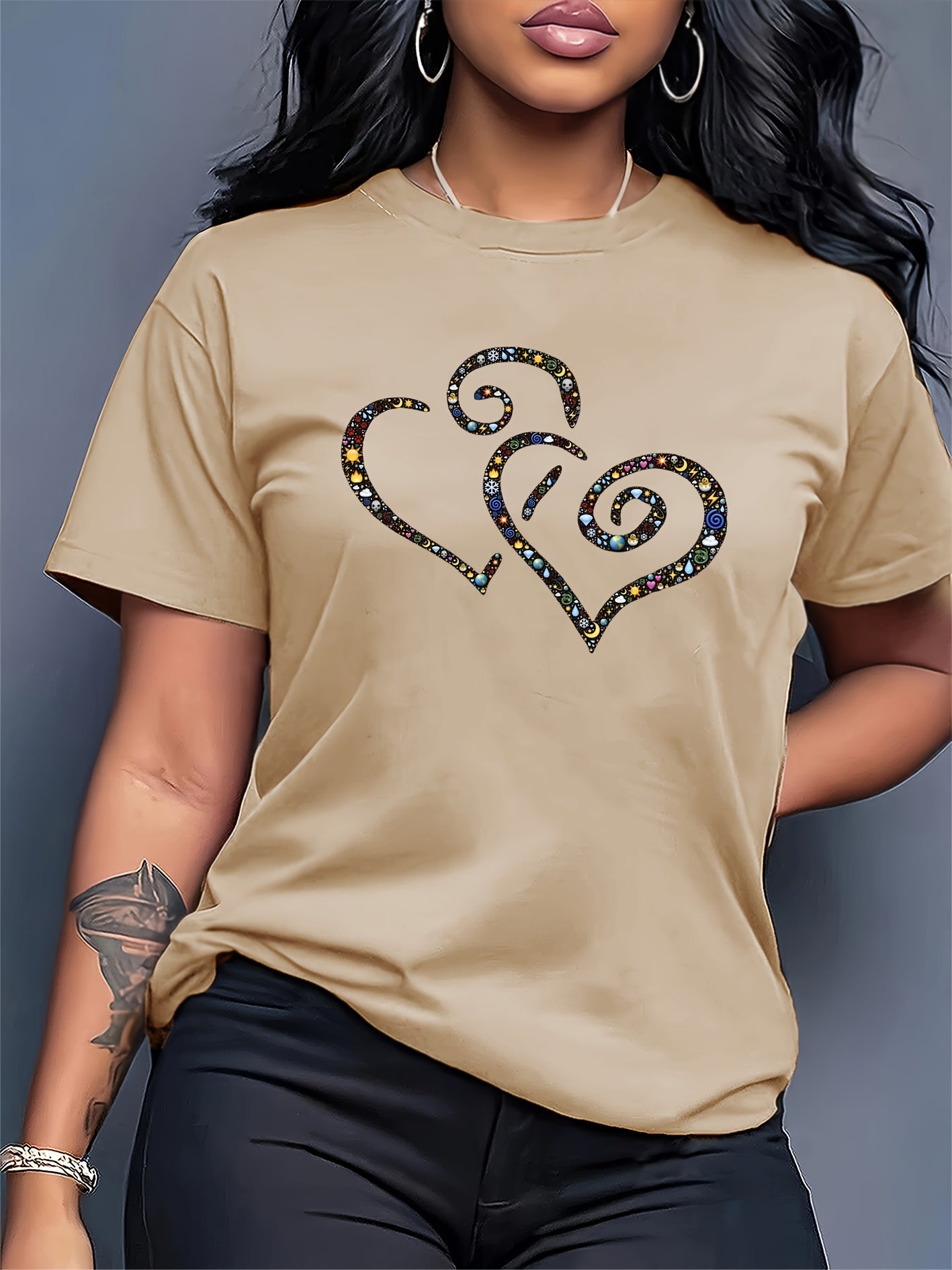 Women's Casual Short Sleeve T-Shirt with Rhinestone-Embellished Heart Print - Round Neck Relaxed Fit, Medium Stretch Fabric, Machine Washable, All-Season Versatile Top for Casual Attire & Vacations (S-XXL, Multi-Color Options