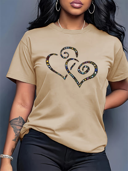 Women's Casual Short Sleeve T-Shirt with Rhinestone-Embellished Heart Print - Round Neck Relaxed Fit, Medium Stretch Fabric, Machine Washable, All-Season Versatile Top for Casual Attire & Vacations (S-XXL, Multi-Color Options