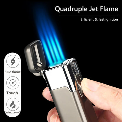 1pc Quad Direct Blow Flame Inflatable Butane Lighter | Adjustable Windproof, Metal, Ideal for Camping, Outdoor, Collections, Gifts, Birthday, Holiday Gifts