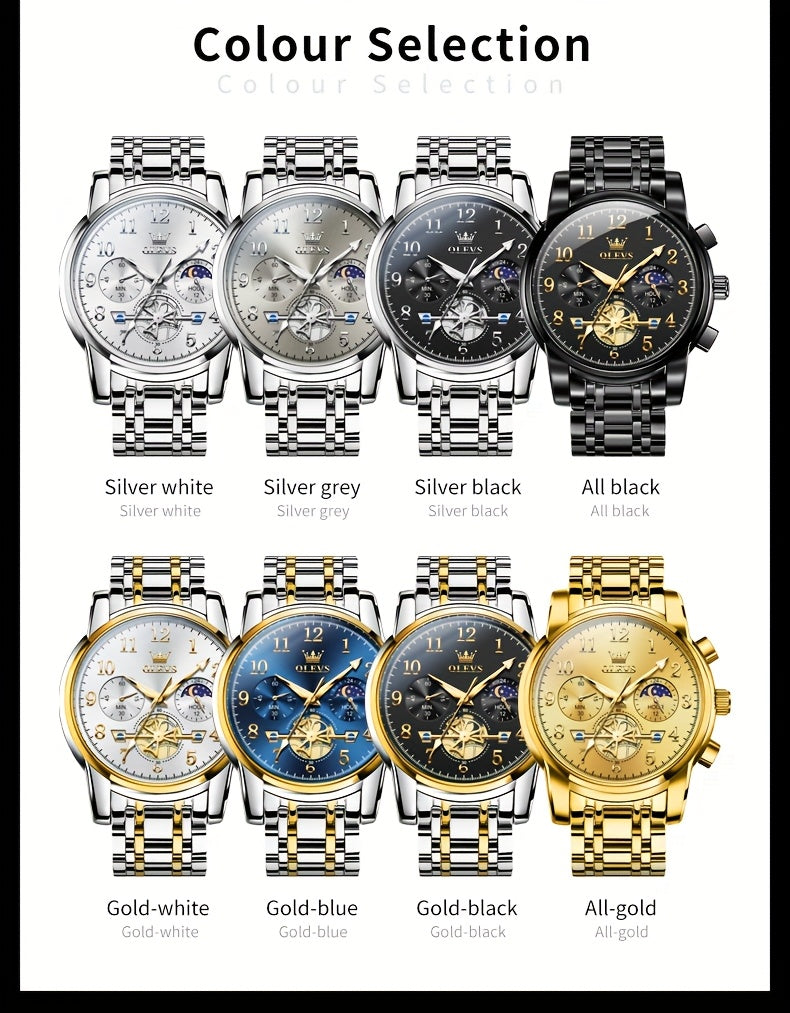 OLEVS Men's Luxury Multifunctional Quartz Watch - Stainless Steel Luminous Analog Watch with Moon Phase, Chronograph, Date/Day/24H Indicator, Golden-Tone & Bracelet for Business, Casual, Casual Attire - Dress Watch