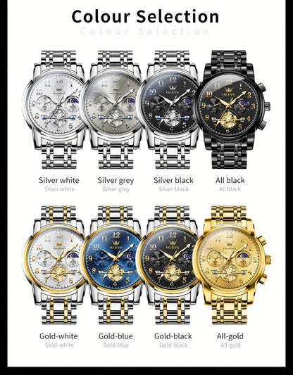 OLEVS Men's Luxury Multifunctional Quartz Watch - Stainless Steel Luminous Analog Watch with Moon Phase, Chronograph, Date/Day/24H Indicator, Golden-Tone & Bracelet for Business, Casual, Casual Attire - Dress Watch