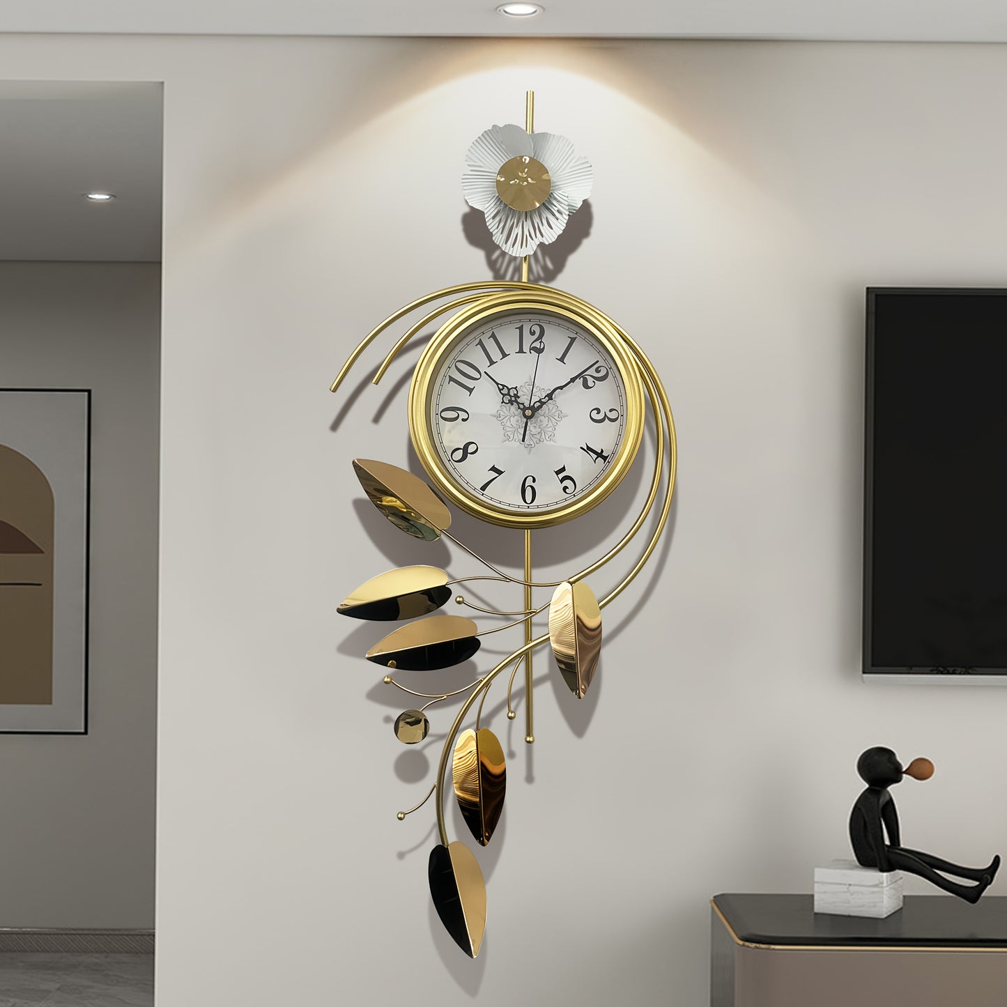 16.54x1.97x38.19inch New Chinese Style Ginkgo Leaf Wall Clock, Fashionable Light Luxury Silent Decorative Hanging Timepiece for Living Room, Stylish Wall Clock, Clocks For Living Room, Oversized Wall Clock, Retro Wall Clock
