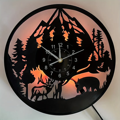 LED Lighted Forest Night Glow Wall Clock with Bear & Moose Silhouette - Modern Cabin Decor, Large Easy-Read Black Hands, Durable Vinyl Round Clock for Living Room, Bedroom, Office - Ideal Gift for Christmas, Birthday, Mother'