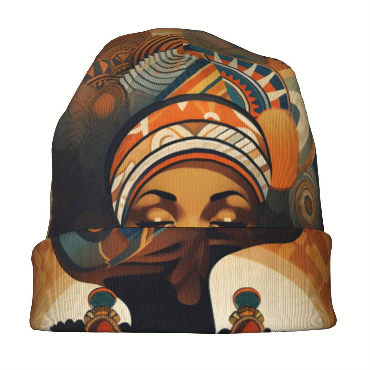African Women's Artistic Print Skullies Beanie - Vibrant Tribal Design, Warm & Breathable Knit Hat for Casual & Sportswear, Fashionable Cultural Celebration Accessory, Stylish Headgear, Decorative Headwear, Comfortable Fit