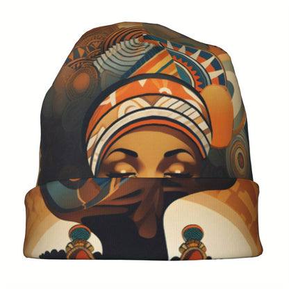 African Women's Artistic Print Skullies Beanie - Vibrant Tribal Design, Warm & Breathable Knit Hat for Casual & Sportswear, Fashionable Cultural Celebration Accessory, Stylish Headgear, Decorative Headwear, Comfortable Fit