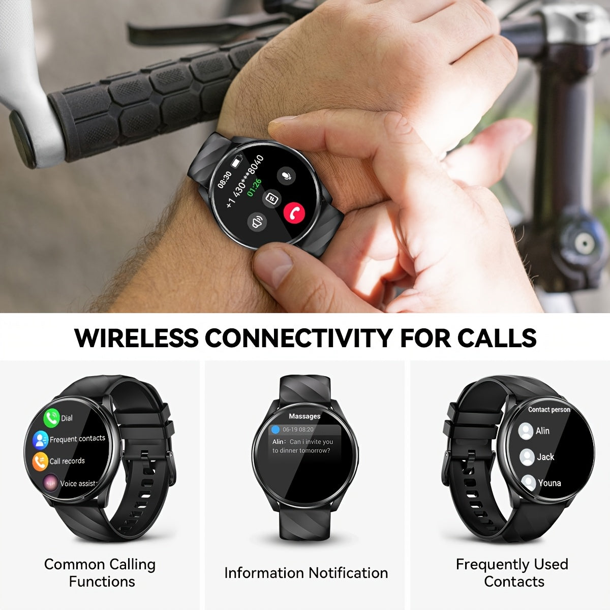QTLJJBY Round wireless call smart sports watch, 1.46 inch HD full screen touch display, fitness tracker, IPX8, 7 days of battery life, long standby, with information push, female function, multiple sports modes (pedometer, ca