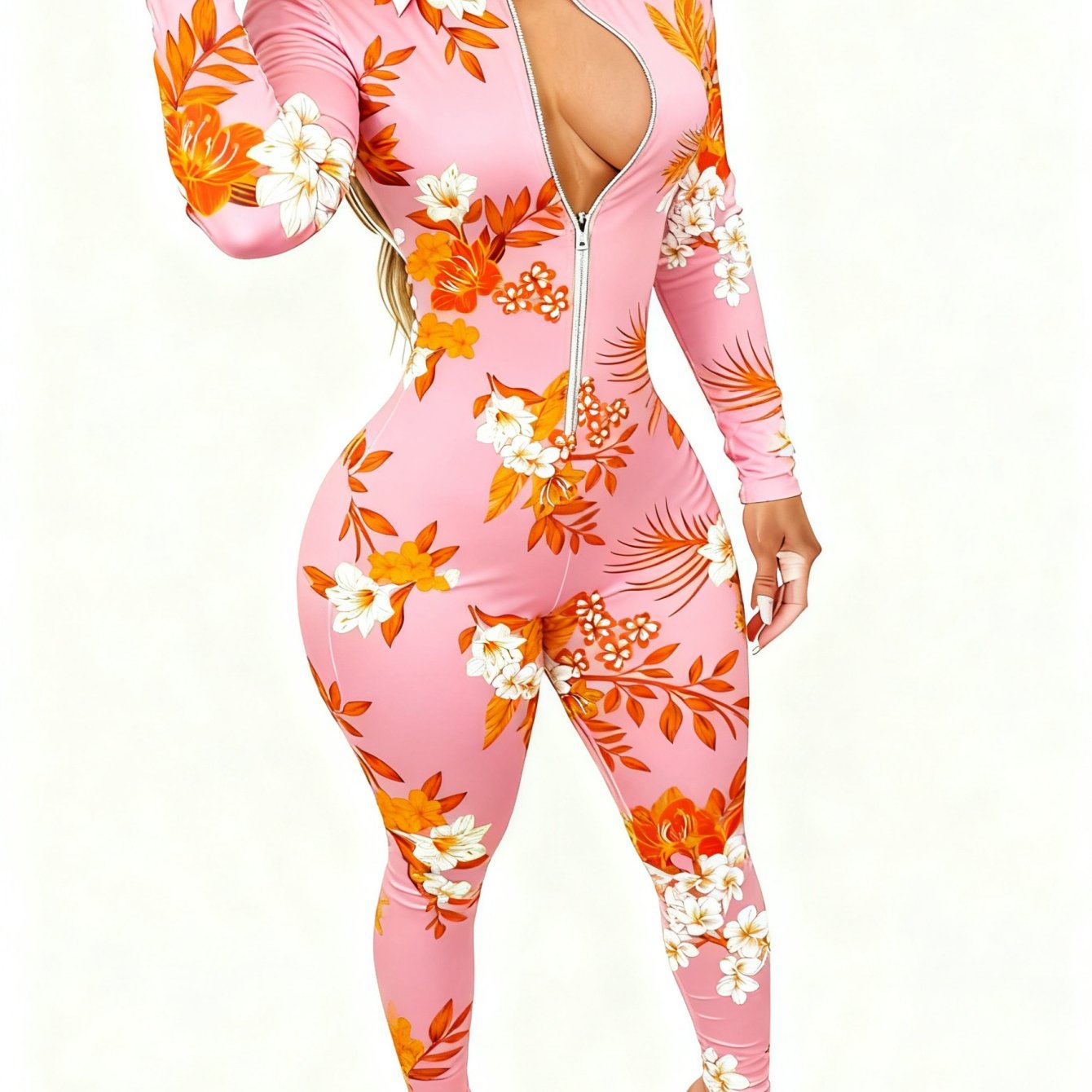 Women'S Allover Printed Jumpsuit - Long Sleeve with Zipper | Elegant Sexy, 4-Season Party & Special Occasion Outfit, Casual Style, Lapel Collar