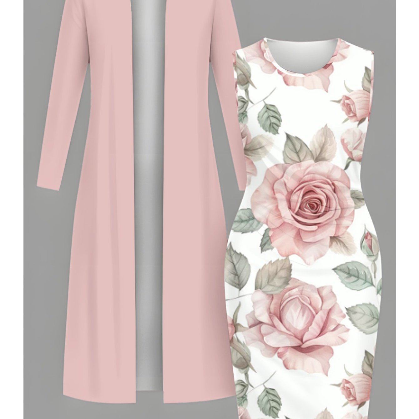 [Hot Item, Plus-Size Dress 2pcs Set] Fashionable, Elegant, and Classy Long Cardigan + Cinched-waist Long Dress Set. A Versatile Casual Outfit Perfect for Holidays, Creating Multiple Styles with One Set. Available in Sizes 1XL