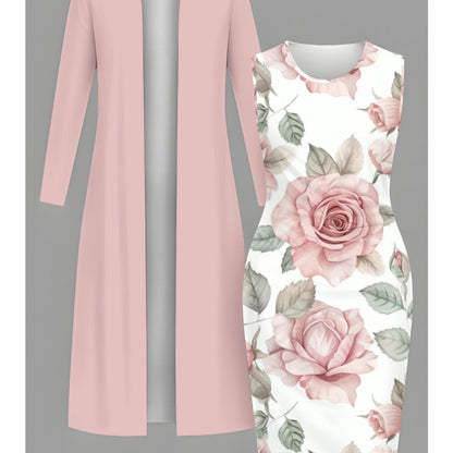 [Hot Item, Plus-Size Dress 2pcs Set] Fashionable, Elegant, and Classy Long Cardigan + Cinched-waist Long Dress Set. A Versatile Casual Outfit Perfect for Holidays, Creating Multiple Styles with One Set. Available in Sizes 1XL