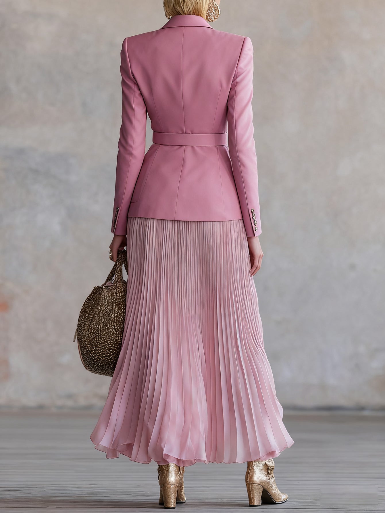 Women'S Elegant Pink Blazer with Waist Definition And Gradient Pleated Maxi Skirt Set | Ideal for Casual Events, Dates, And Subtle Vintage Styles