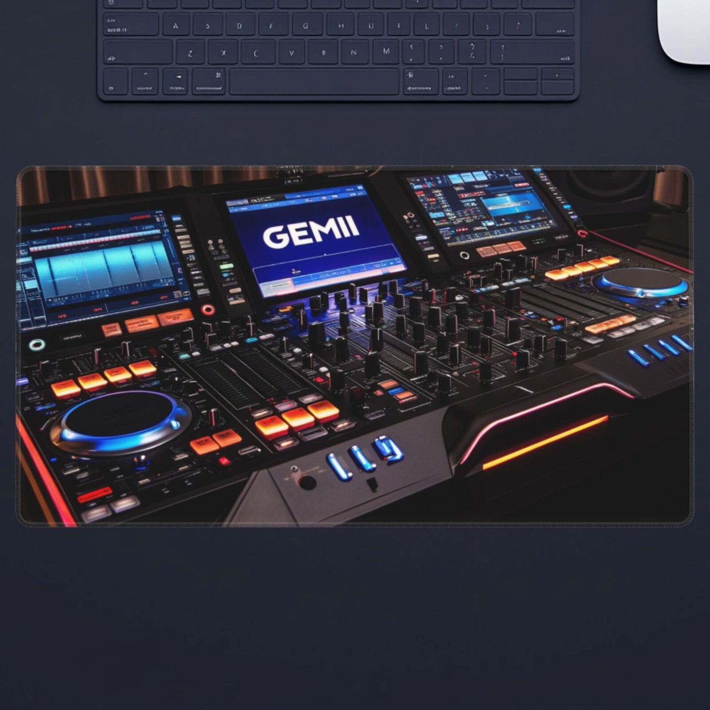 1pc Gemini G4V Controller Design Mousepad, Non-Slip Rubber Base, Washable Oblong Desk Mat for DJs, Professional Mixing & Effects Setup, Modern Black with Illuminated Displays, Mouse Pads for Desk