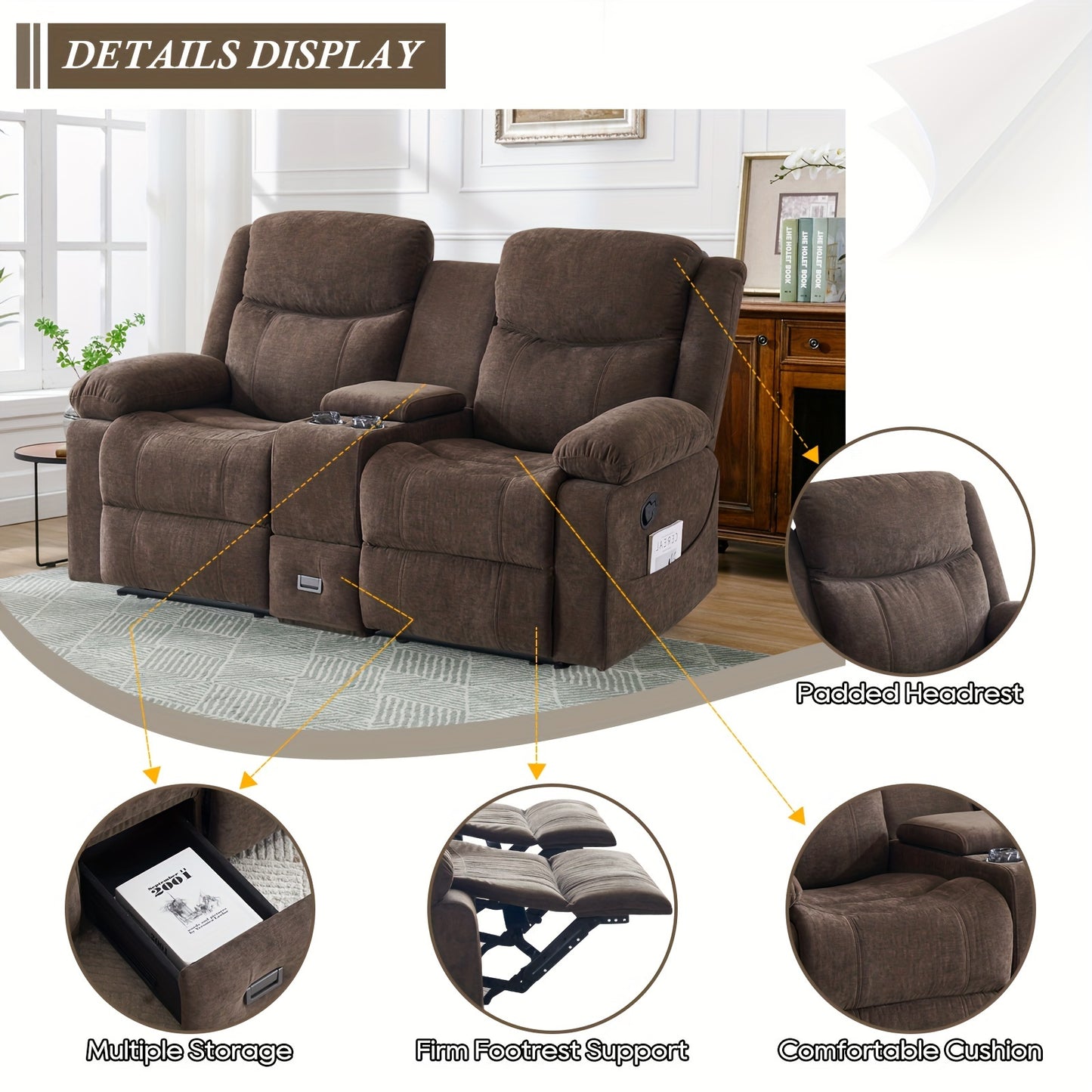 Consofa Loveseat Recliner Sofa - Manual Recliner Loveseat With Console, Modern Chenille Sofa Sleeper Deep Couches With Cup Holders And Side Pocket - Brown - For Living Room/Office/Apartment - Perfect for Relaxation and Entert