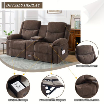 Consofa Loveseat Recliner Sofa - Manual Recliner Loveseat With Console, Modern Chenille Sofa Sleeper Deep Couches With Cup Holders And Side Pocket - Brown - For Living Room/Office/Apartment - Perfect for Relaxation and Entert