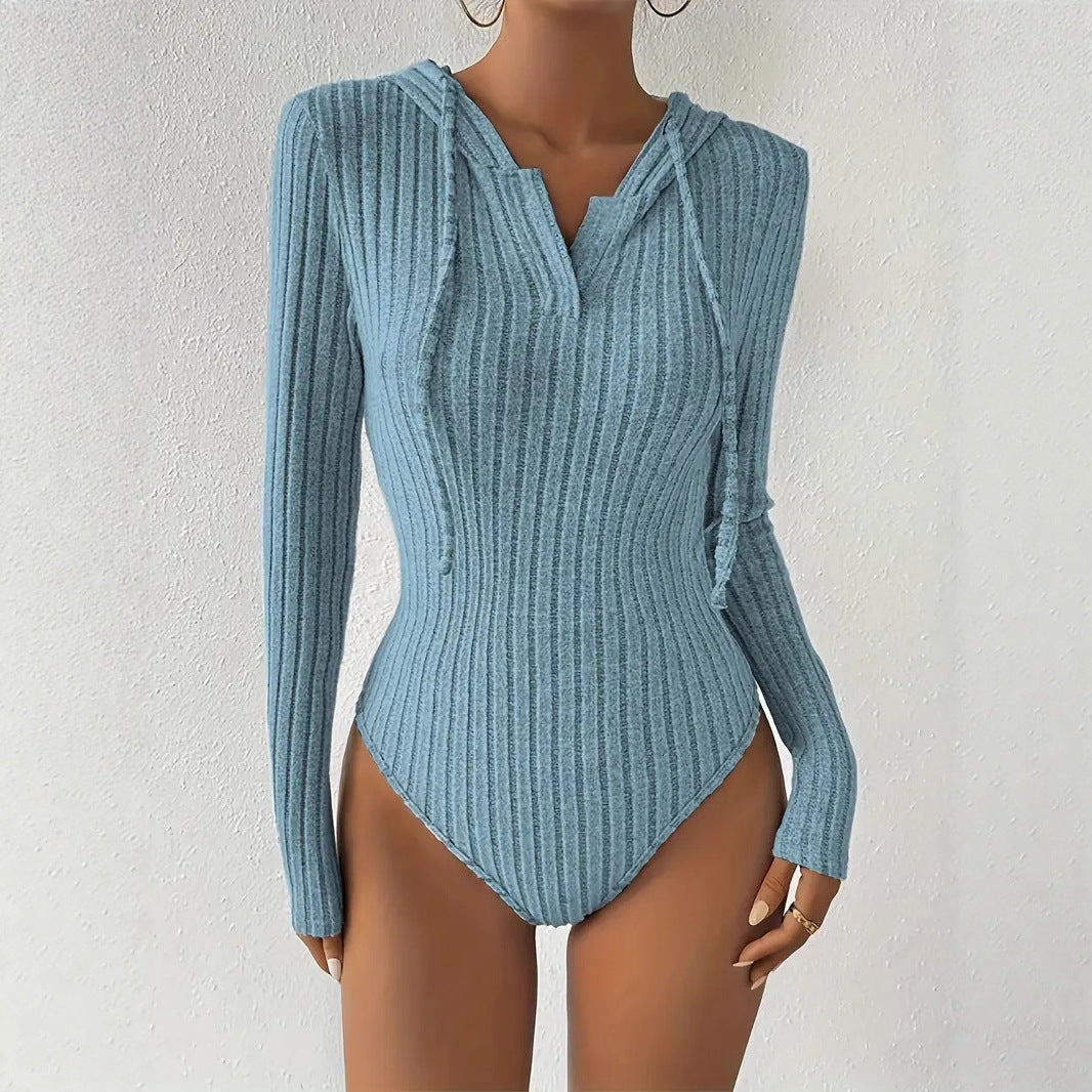 Women's Jumpsuit, V-neck Hooded Jumpsuit for Women, High-slit Bikini-style Slim-fit Loungewear, Brushed Ribbed Hooded Solid Color Jumpsuit and Romper