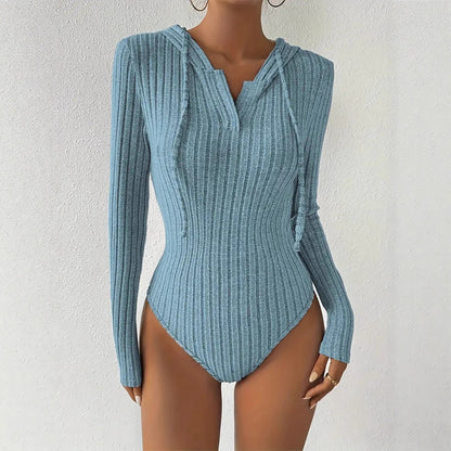 Women's Jumpsuit, V-neck Hooded Jumpsuit for Women, High-slit Bikini-style Slim-fit Loungewear, Brushed Ribbed Hooded Solid Color Jumpsuit and Romper