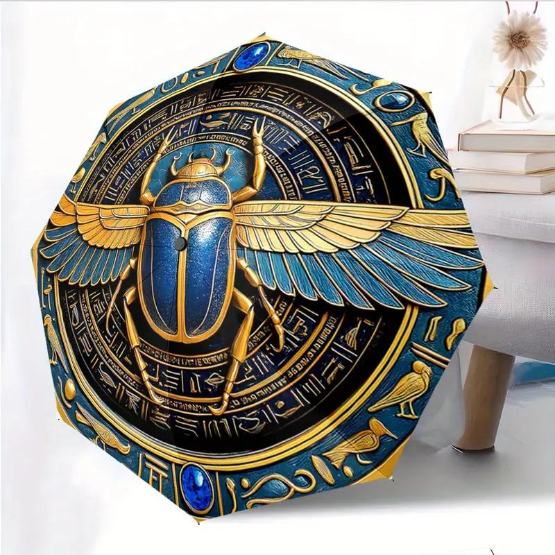 Automatic Open/Close Egyptian Hieroglyphics & Scarab Beetle Umbrella - Navy Blue & Golden Ancient Egyptian Design, 8-Rib Sturdy Frame, Compact Travel Umbrella with Automatic, Portable Rain Cover, Ideal Gift For History Lovers