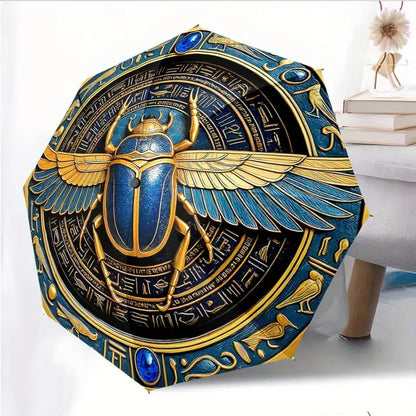 Automatic Open/Close Egyptian Hieroglyphics & Scarab Beetle Umbrella - Navy Blue & Golden Ancient Egyptian Design, 8-Rib Sturdy Frame, Compact Travel Umbrella with Automatic, Portable Rain Cover, Ideal Gift For History Lovers