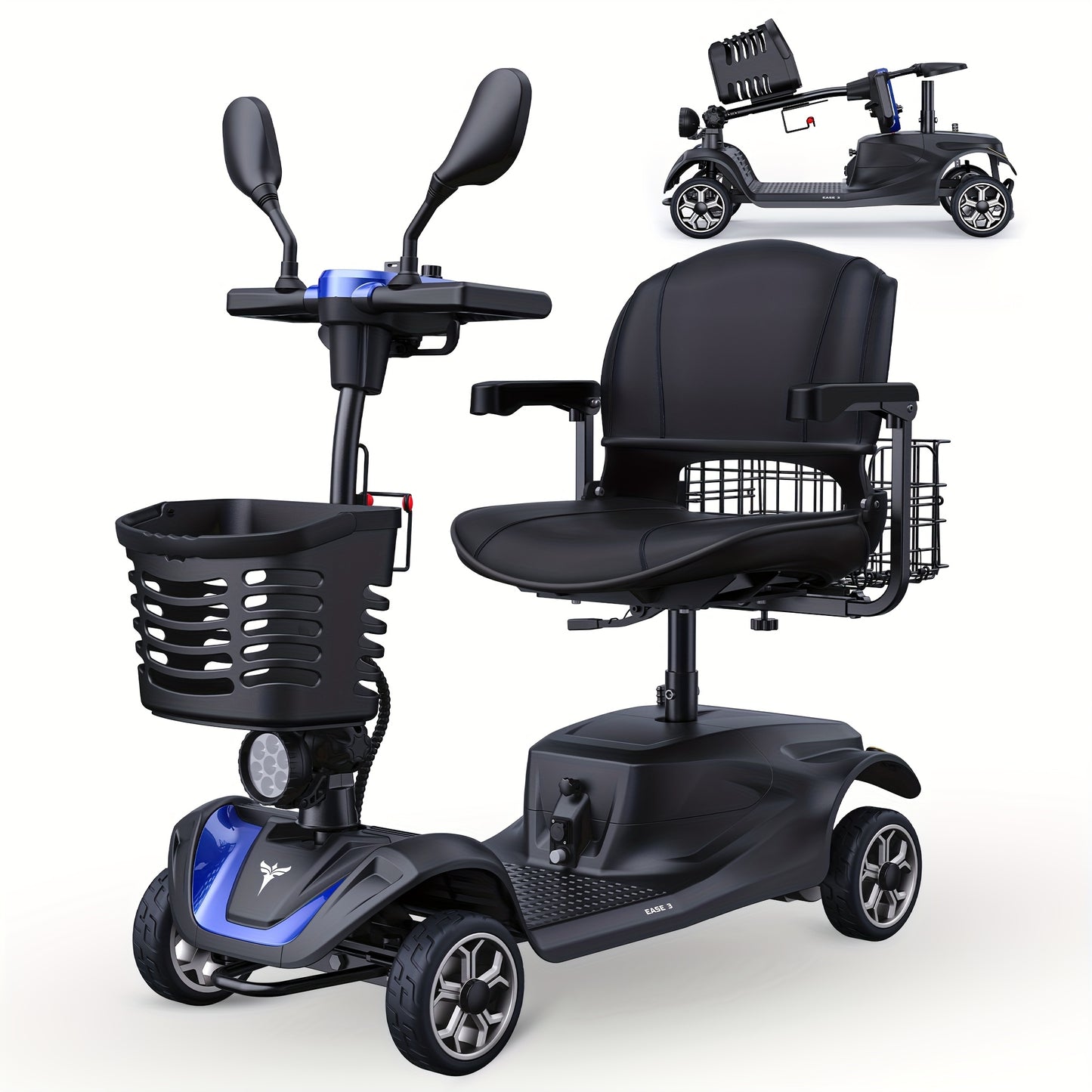 New 4-Wheel Mobility Scooter, 250W Motor, 5.6MPH Speed, 24V 12AH Battery, Solid 8"x3" Tires, Rearview Mirrors, Dual Baskets, Foldable & Adjustable Design, Easy To Control, Ideal For Daily Use And Outdoor Adventures, Blue