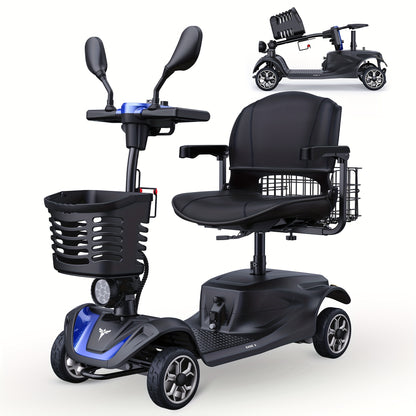 New 4-Wheel Mobility Scooter, 250W Motor, 5.6MPH Speed, 24V 12AH Battery, Solid 8"x3" Tires, Rearview Mirrors, Dual Baskets, Foldable & Adjustable Design, Easy To Control, Ideal For Daily Use And Outdoor Adventures, Blue