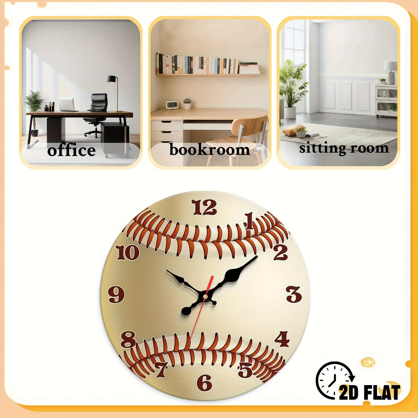1pc Baseball-Themed Large Wall Clock - 12 Inch Silent Non-Ticking Quartz Movement, Beige & Brown Baseball Stitch Design, Minimalist Modern Decor for Home, Office, Sports Room - Durable Artificial Wood Round Clock with Black H