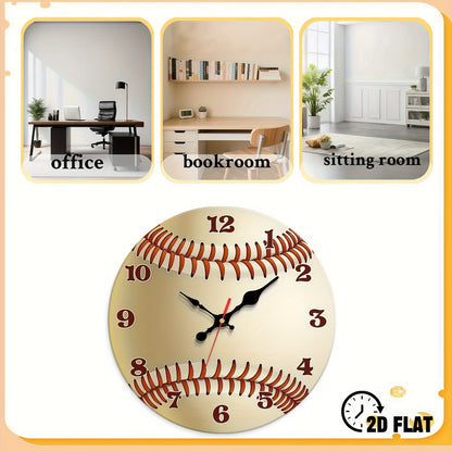 1pc Baseball-Themed Large Wall Clock - 12 Inch Silent Non-Ticking Quartz Movement, Beige & Brown Baseball Stitch Design, Minimalist Modern Decor for Home, Office, Sports Room - Durable Artificial Wood Round Clock with Black H