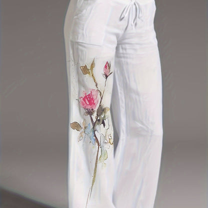 Women's Clothing - Floral Print Wide Leg Pants - Casual Loose Pants For Spring & Fall